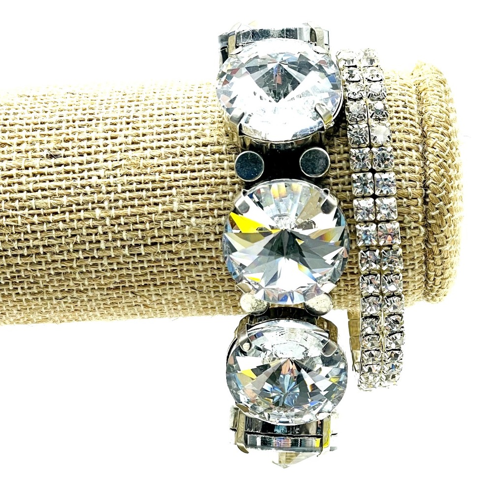 Clear Rhinestone Stretch Bracelets Lot of 2 Silver Tone Wide Statement Glam